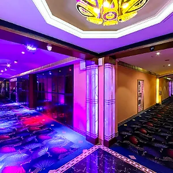 Purple-lit corridor photo