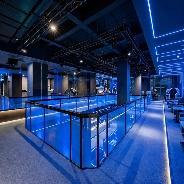 Blue-lit showcase hall photo