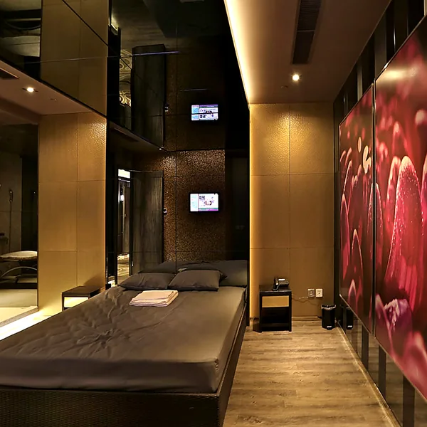 Theme room with screen and large bed photo